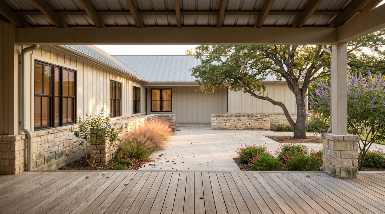 Stone farmhouse porch with timber beams overlooks a limestone courtyard, flowering plants, and a spreading oak.