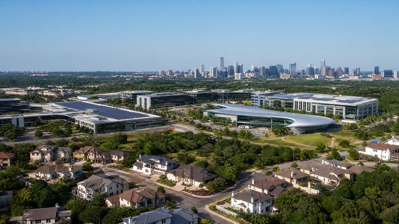 Aerial view of Austin homes and office buildings with downtown skyline in the distance