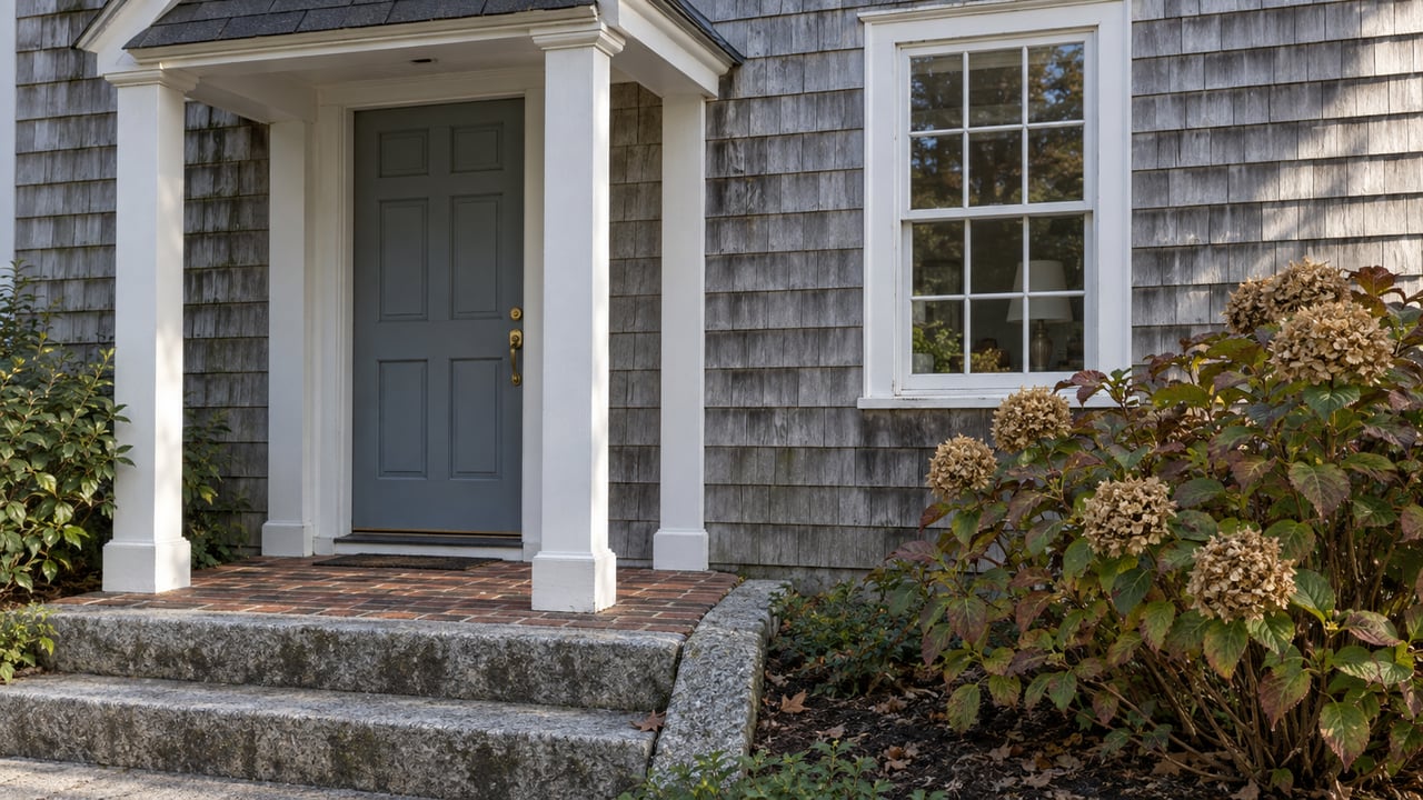 Morning light on a cedar-shingle home with a blue-gray door, white portico, granite steps and an autumn hydrangea.