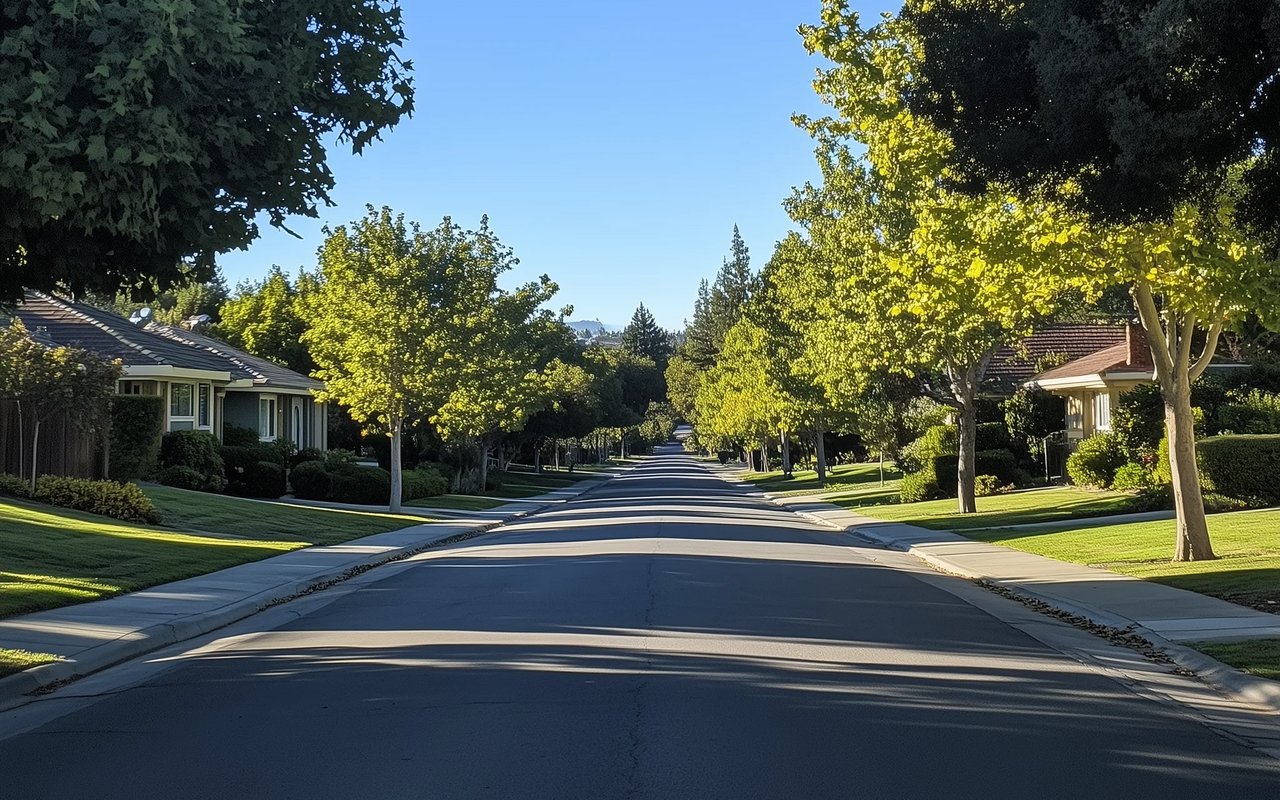 Tree-lined residential street with single-story homes and long shadows across the road.