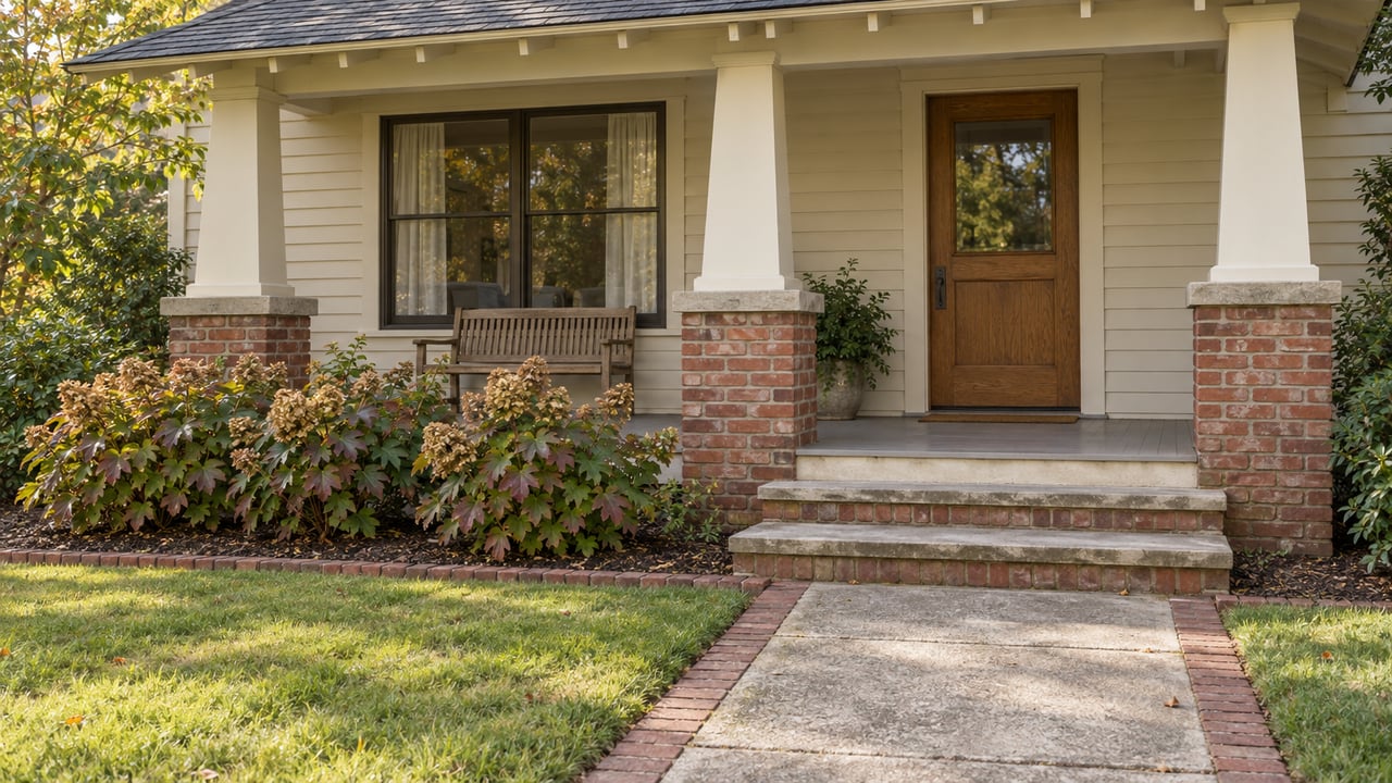 Home with a covered porch, brick column bases, wooden front door, and bench beneath a large window.