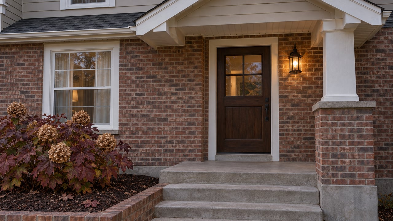 Early-evening view of a brick home's covered entry, with a lit porch lantern, concrete steps, and an oakleaf hydrangea in autumn color.