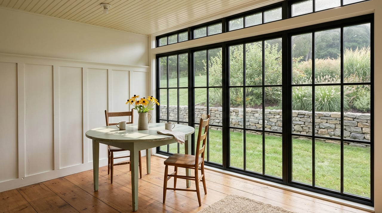 Sage-green farmhouse table with a flower pitcher and mugs beside black-framed windows overlooking a stone wall and lawn.