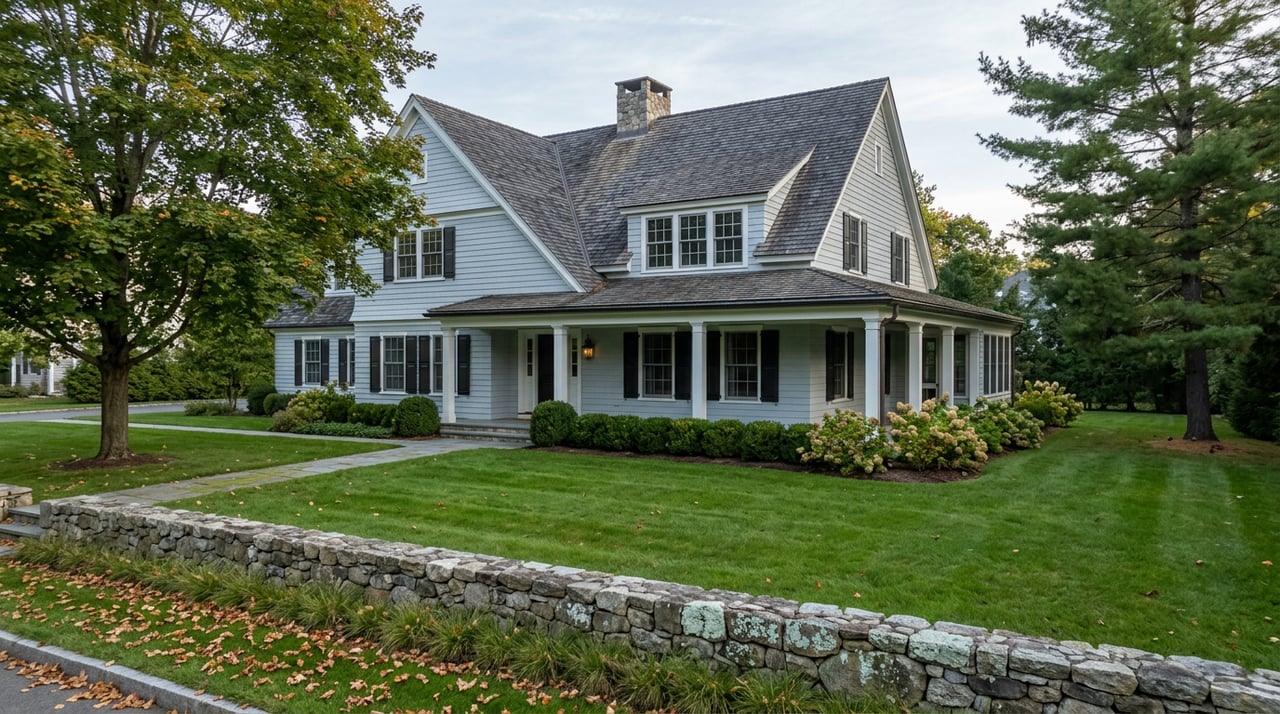 Shingle-style Colonial with a wraparound porch, broad lawn, bluestone path, and low fieldstone wall.