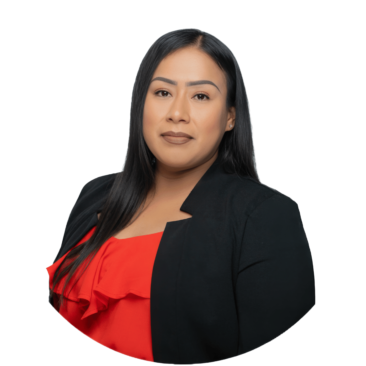 Yadira Torres Cruz in a black blazer and red blouse.