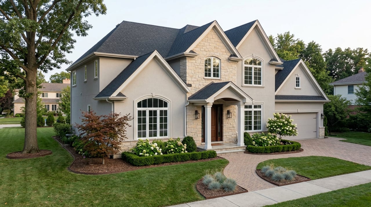 Two-story stucco and tan-stone house with a multi-gabled roof, brick-paver driveway, and landscaped front lawn.