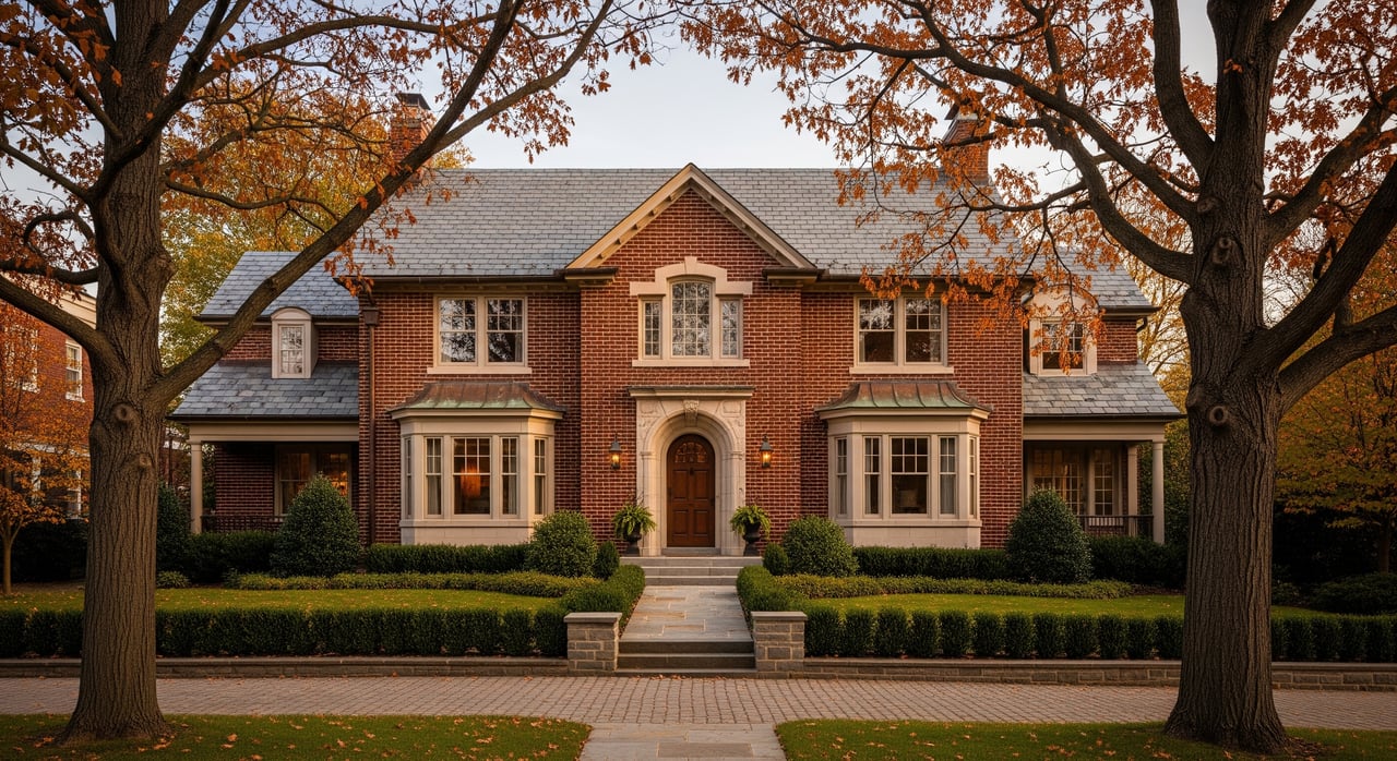 Large red-brick house with a central arched entrance, framed by autumn trees and clipped hedges.