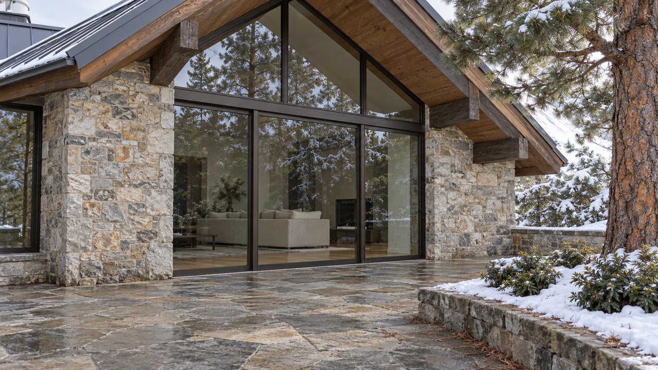 Snow settles beside a flagstone terrace outside a timber-and-stone home with tall bronze-framed windows and a mature ponderosa pine.