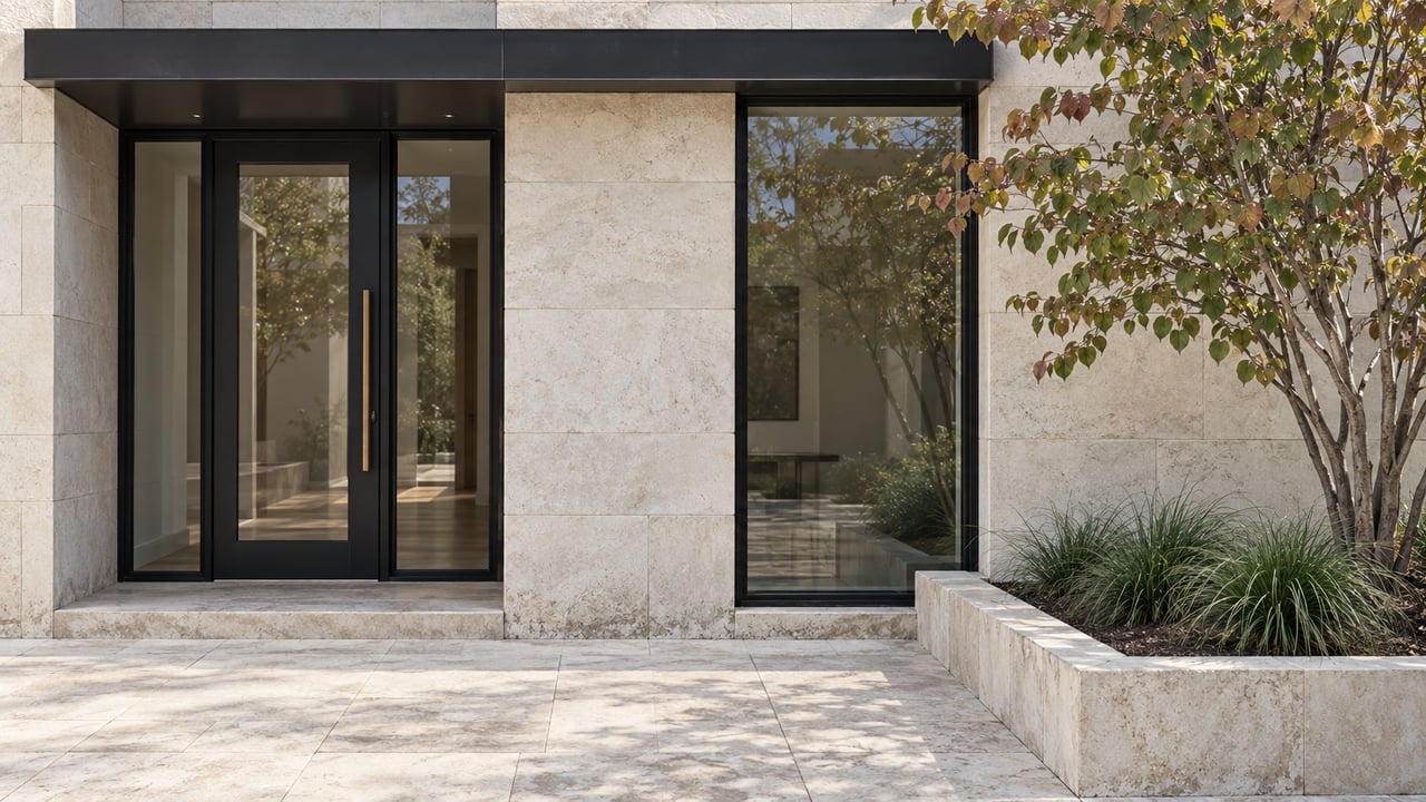 Limestone residential entrance with black steel-framed glass, bronze door hardware and a raised bed containing a branching redbud and three sedge clumps.