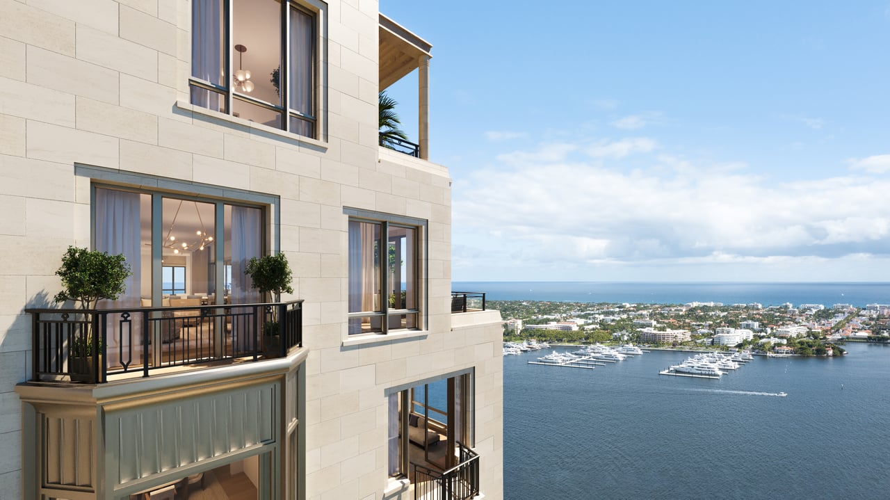 South Flagler House waterfront balconies rendering in West Palm Beach.