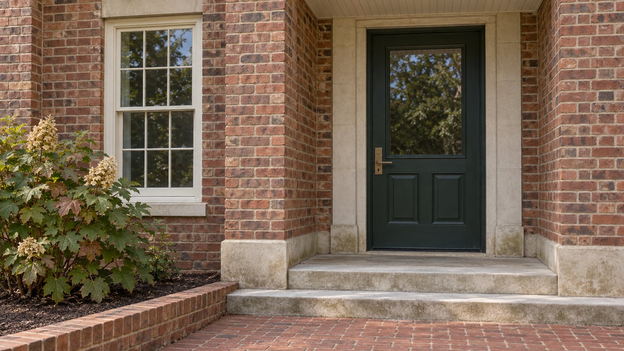 Warm brick entry with a green timber door, cream sash window, limestone steps and an oakleaf hydrangea.