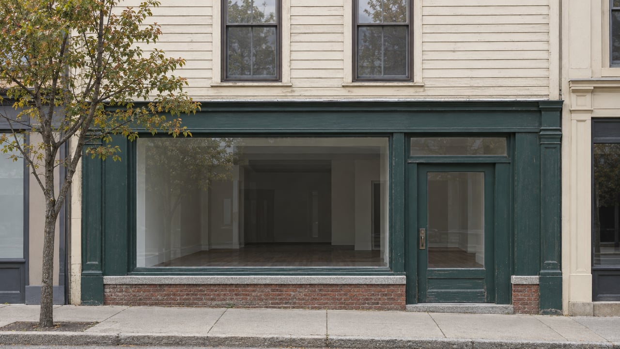 Narrow cream clapboard storefront with a green-framed glass door, upper-story windows, and a sidewalk tree.