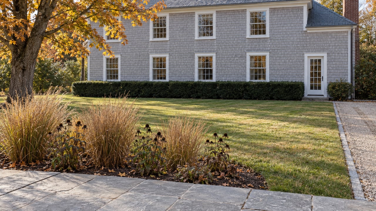Autumn seedheads and tawny grasses border a limestone terrace overlooking a broad lawn and a pale shingle house with white-trimmed windows.