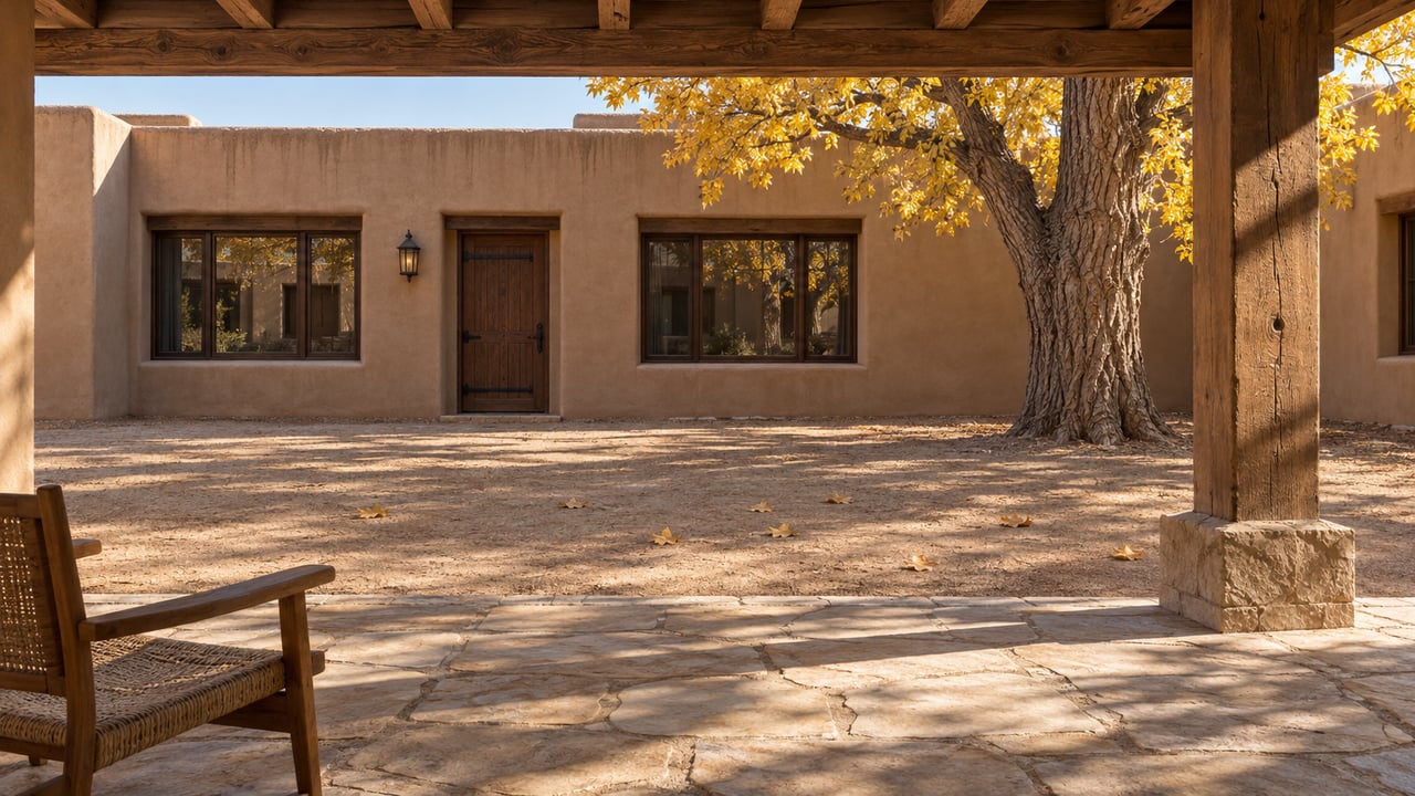 Morning light across a sandstone patio and spacious courtyard, with warm stucco walls, timber beams and a golden cottonwood.