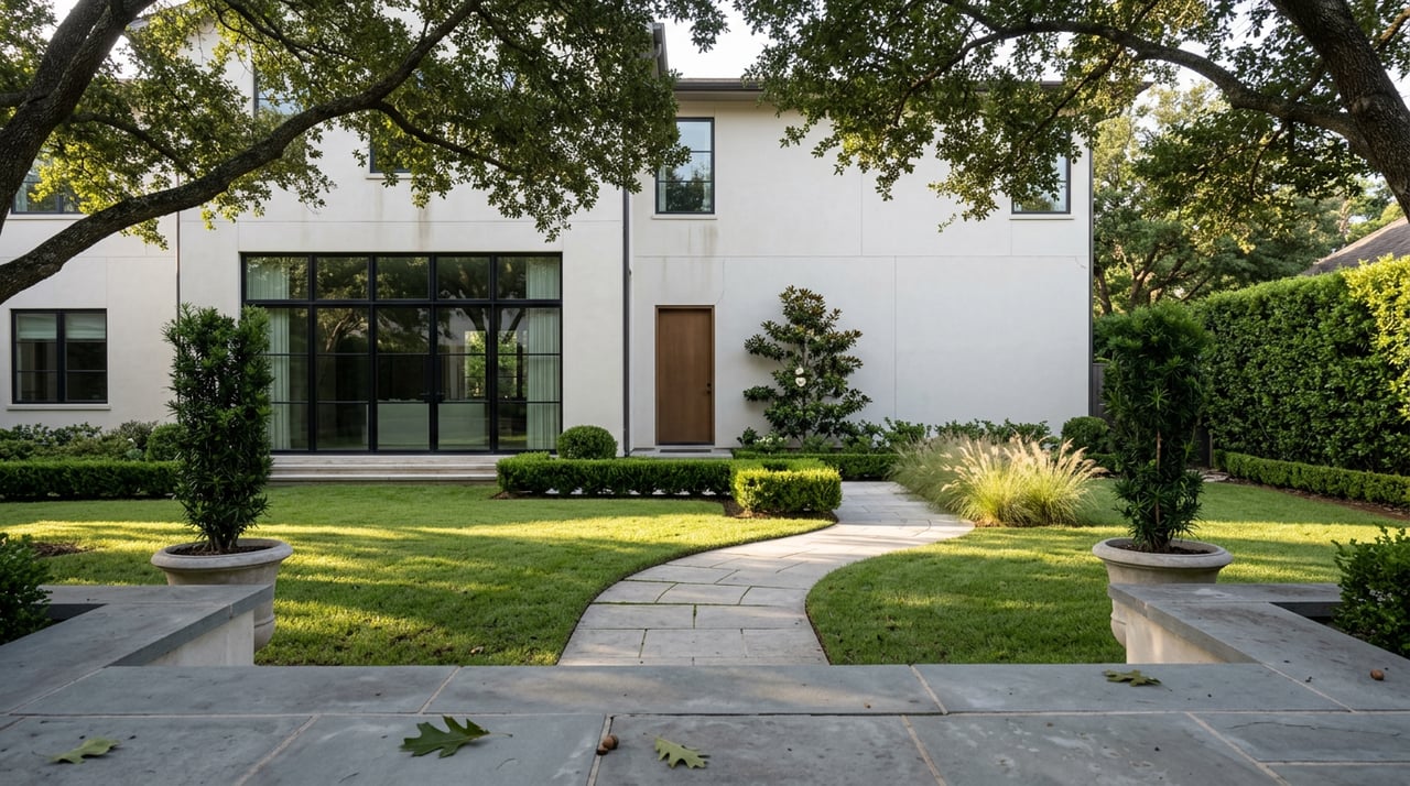 Contemporary stucco home beside a curving limestone garden path, clipped lawn, and oak canopy.