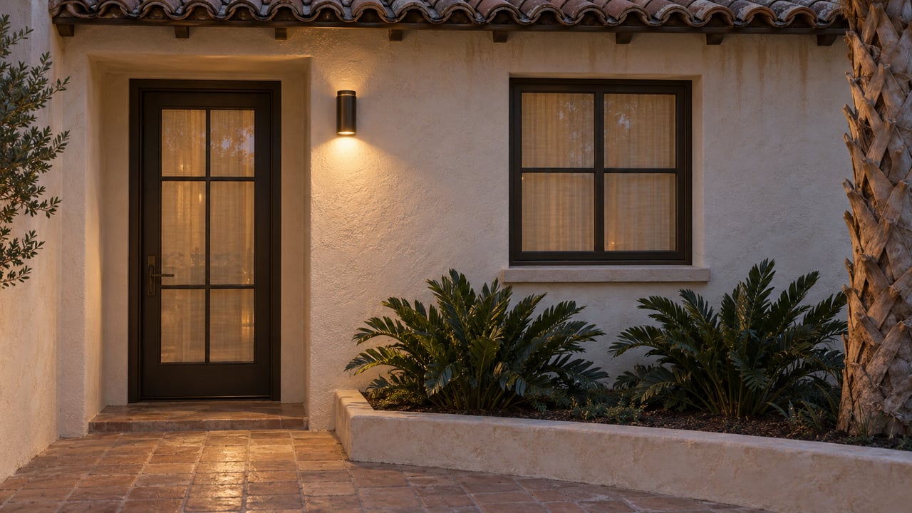 Ivory stucco courtyard with a bronze front door, divided-light window, terracotta eave, and raised planting bed.
