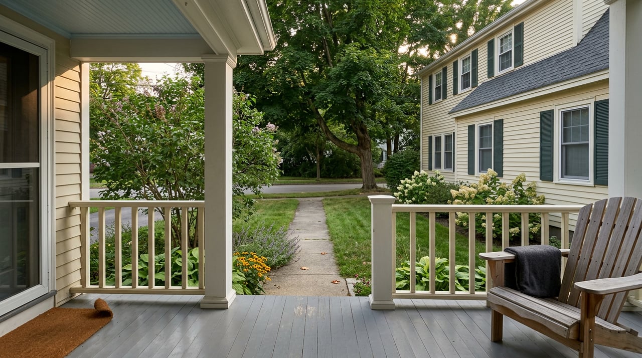 Porch chair with folded blanket overlooks a walk, narrow lawn, and neighboring clapboard house.