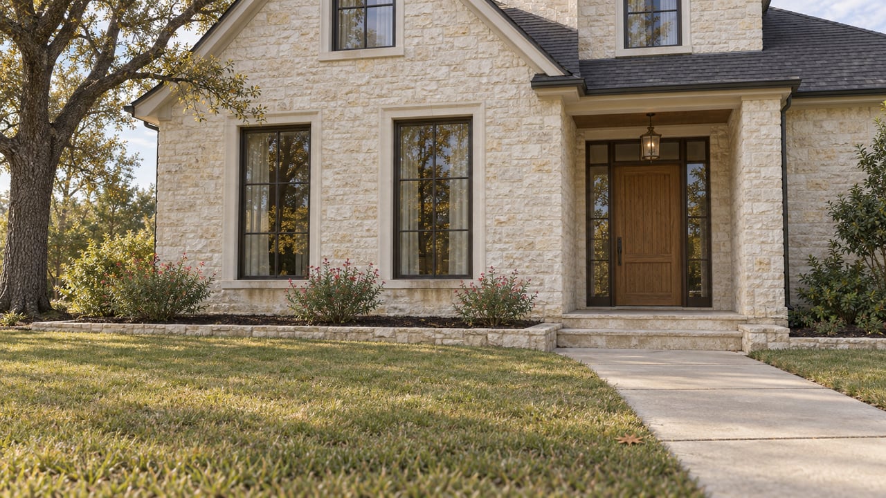 A limestone house with tall windows and a recessed oak entry, approached across an autumn lawn beneath a mature live oak.