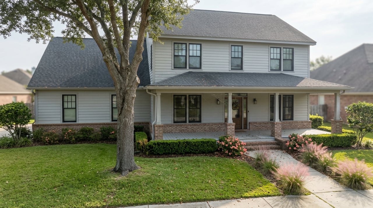 Two-story gray-sided suburban home with a covered brick porch, broad lawn, and mature live oak.