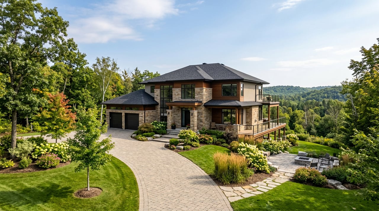 Shingle-style lake house on a sloped lot, with cultivated vine rows and a glimpse of water beyond the roof.