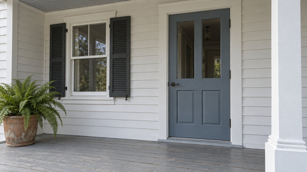 A sheltered painted-wood porch with a blue-gray glazed front door, charcoal window shutters, weathered decking, and one potted fern.