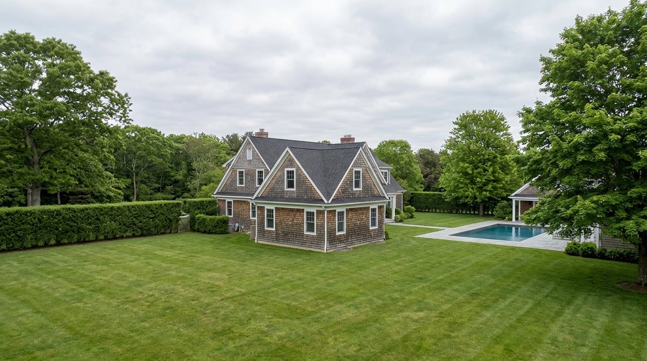 Clipped lawn leading to a shingle-clad house, with a pool corner, bluestone deck, and dense hedge.