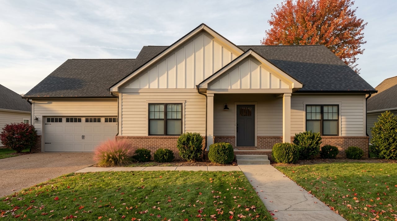 Craftsman-style home with an attached garage, brick foundation, and red-orange maple canopy in autumn light.