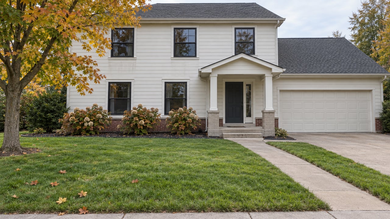 Two-story off-white home with black-framed windows, a covered entry, deep front lawn and an amber sugar maple.