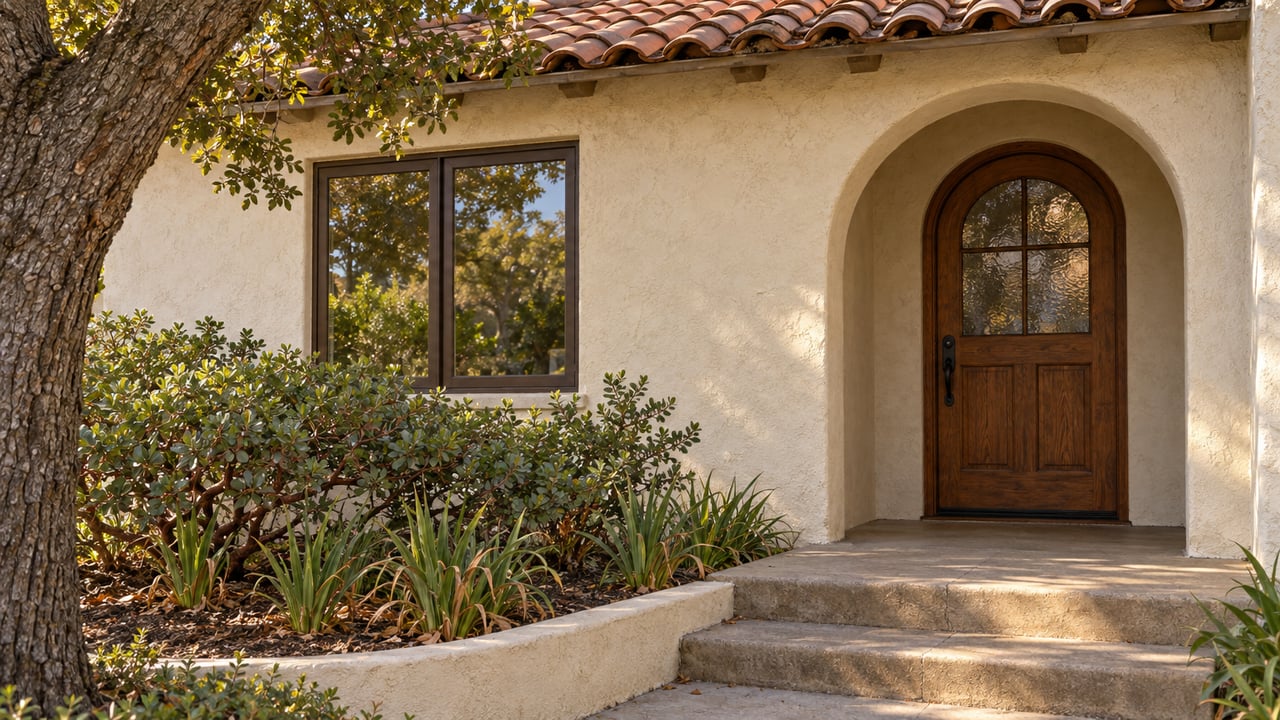 Clay-tile roof and cream stucco frame an arched oak front door beside a mature oak and a planted concrete approach.