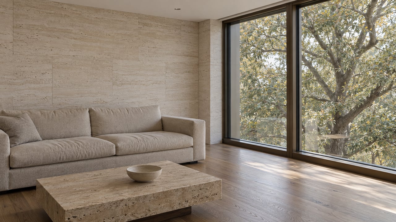 Urban condo living room with a limestone wall, travertine table, and an oak tree beyond the window.