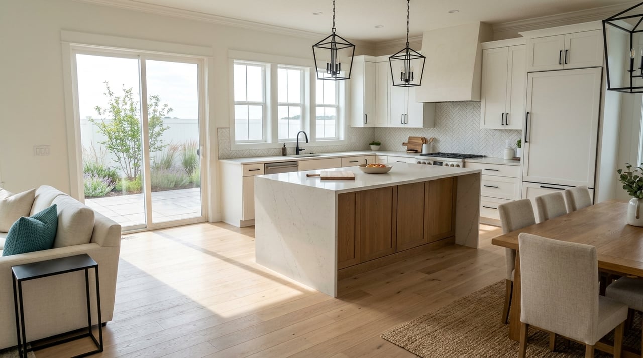 Bright white kitchen with oak island, quartz counters, herringbone backsplash, and patio plants beyond the sliding doors.