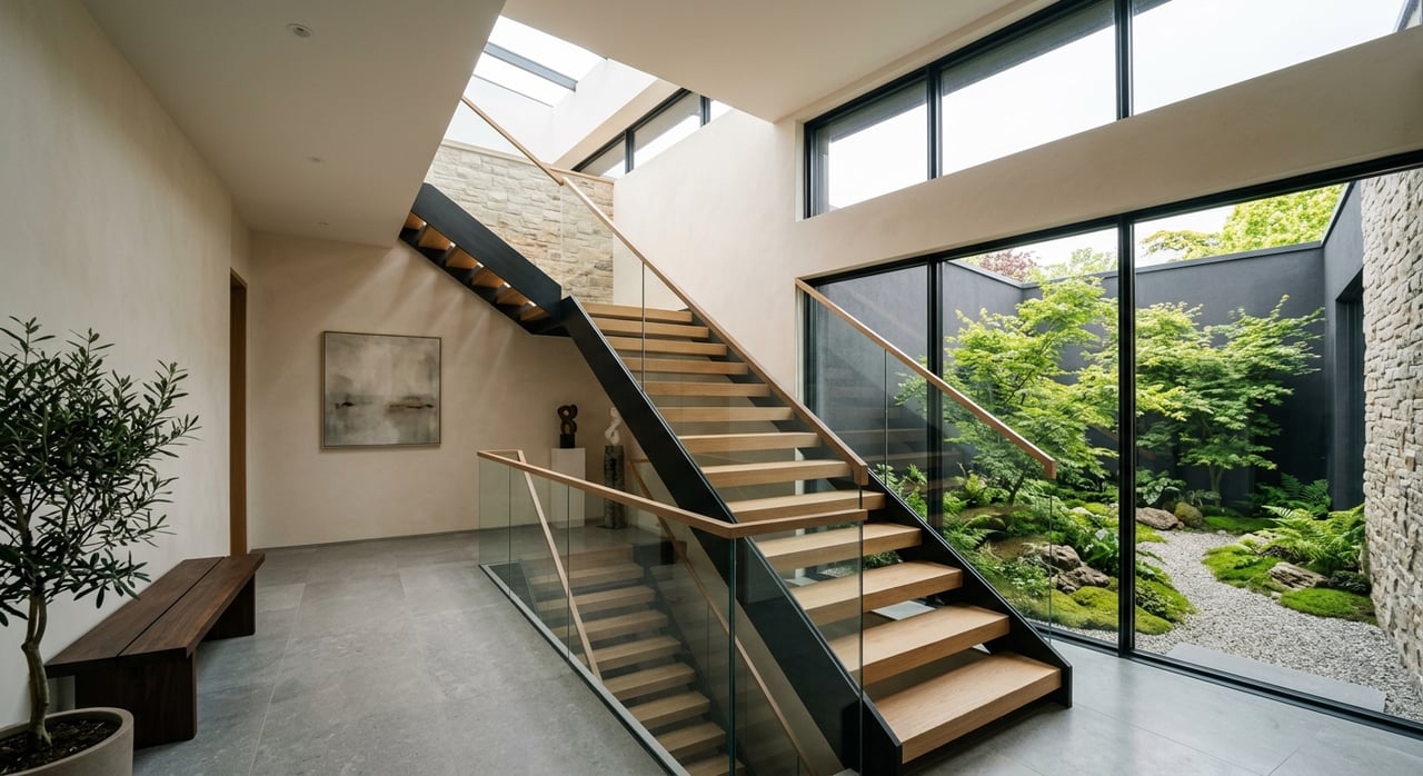 White-oak stairs with a black steel handrail rise beneath a skylight beside a planted courtyard.