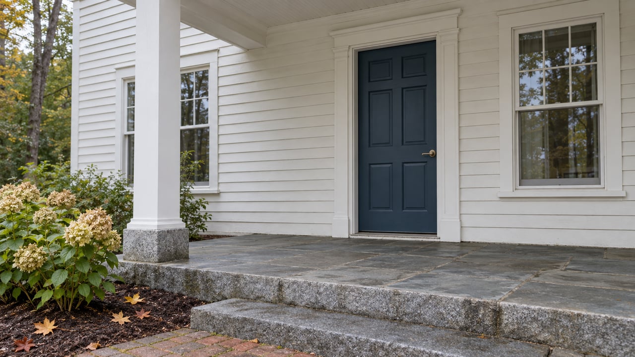 A blue front door and white clapboard porch with bluestone paving and autumn hydrangeas.