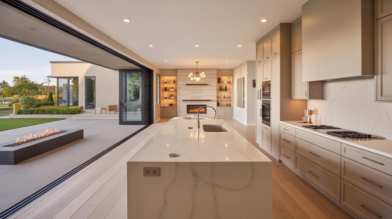 Modern kitchen with a long marble island, built-in fireplace, and glass walls opening onto a landscaped patio.