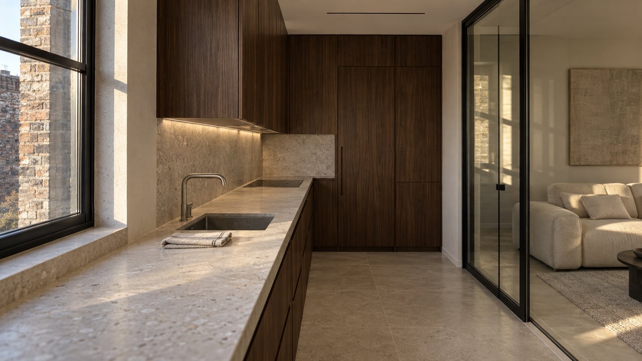 Compact kitchen with limestone counter and walnut cabinets beside a glass partition and cream sofa.