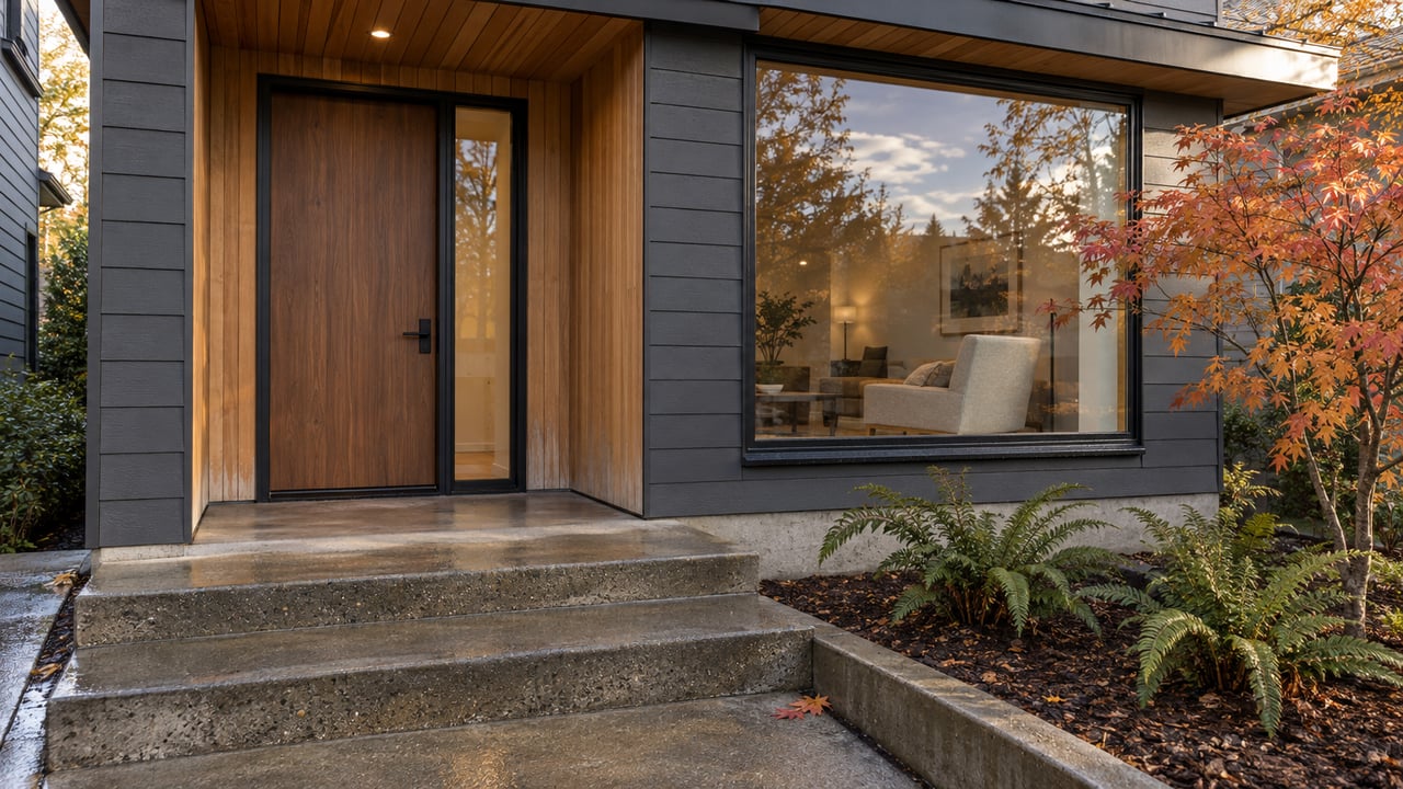 Contemporary home entry with cedar lining, charcoal siding, black-framed glazing and autumn vine maple beside concrete steps.
