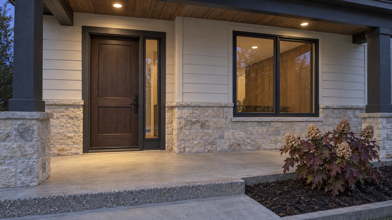 Blue-hour view of a covered home entry with limestone walls, a dark oak door, charcoal window frames, and autumn oakleaf hydrangea beside a concrete porch.