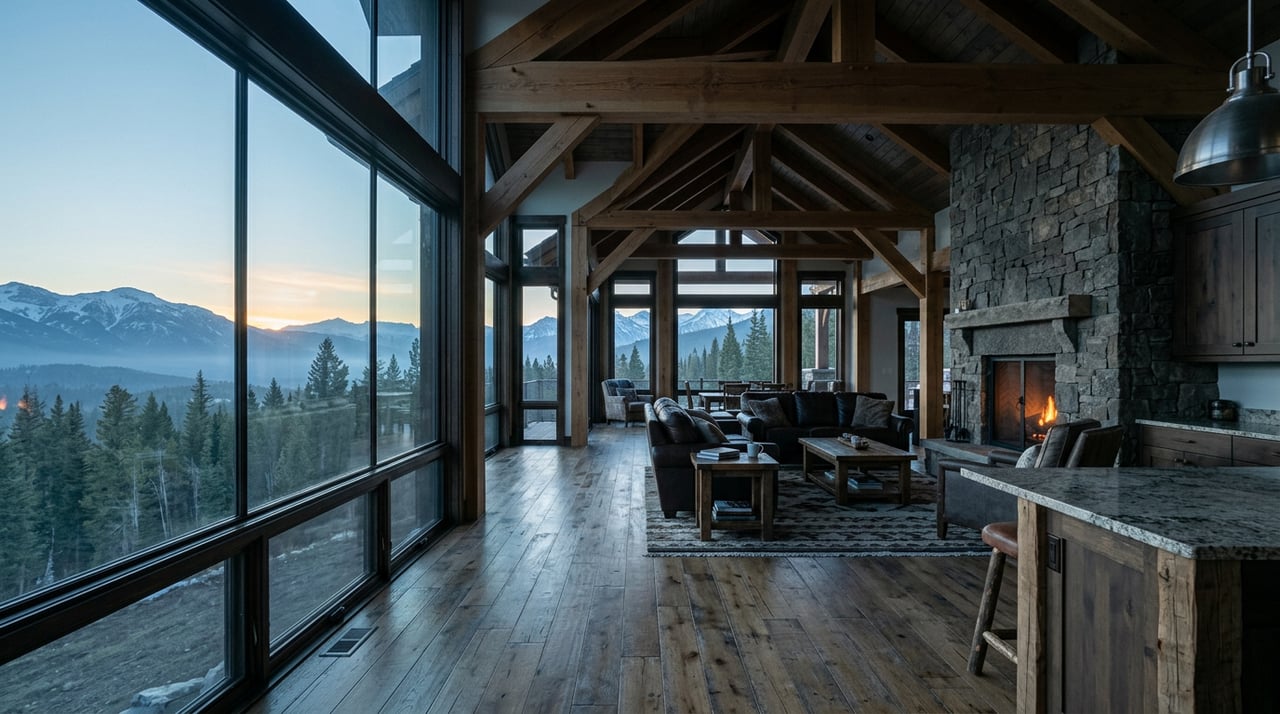 Mountain-home great room with a stone fireplace, boucle sectional, walnut table, and floor-to-ceiling windows.