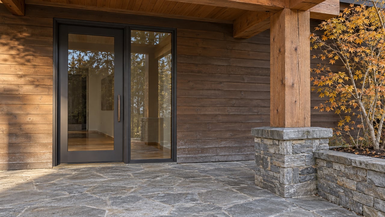 Covered timber entry with cedar siding, a closed glazed door, quartzite paving, and an ochre-leaved maple in a raised stone planter.