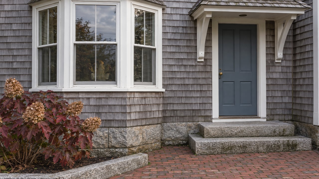 Weathered cedar-shingle home with white bay windows, a blue entrance door, granite steps and burgundy oakleaf hydrangea.