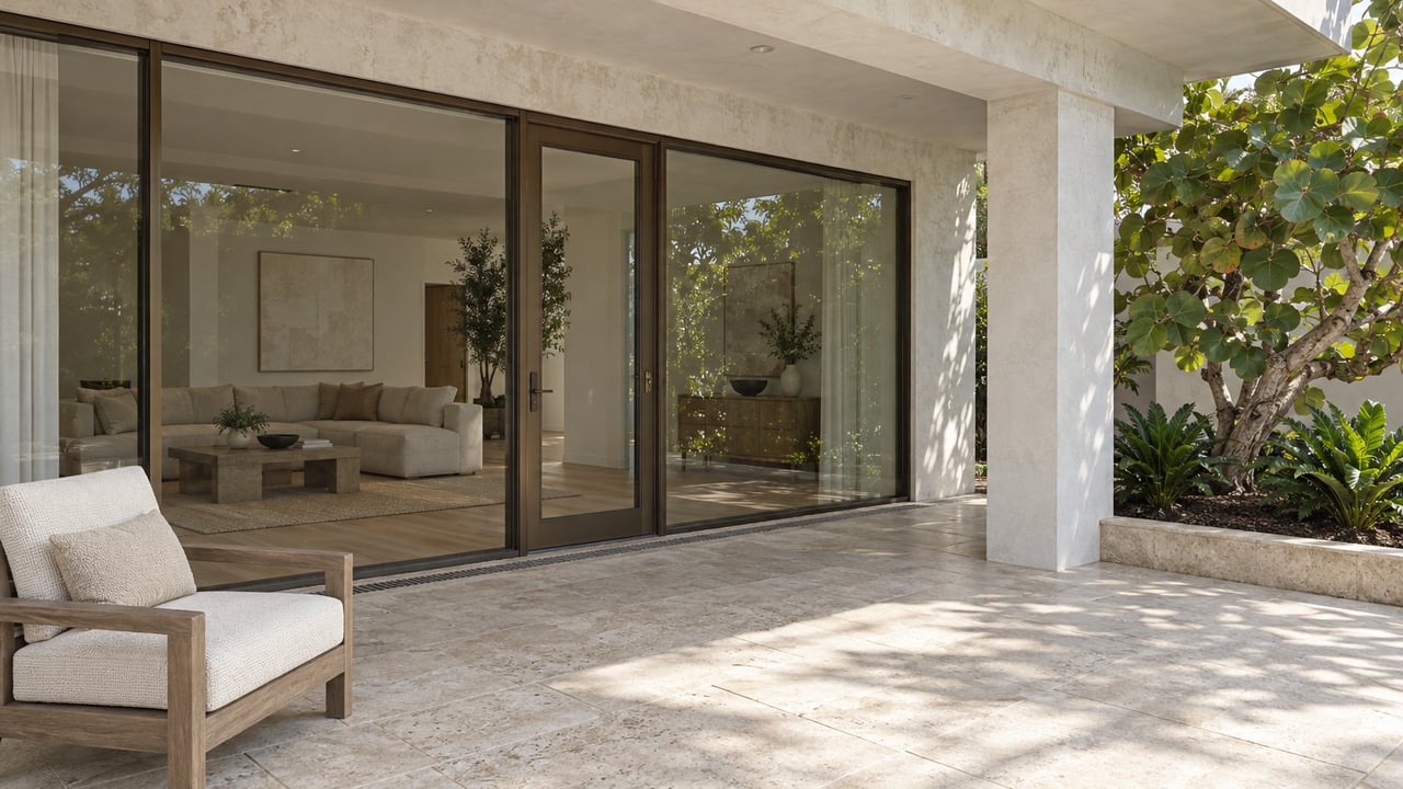 A light stucco home opens through bronze-framed glass onto a limestone lanai with a teak lounge chair and sculptural sea grape planting.