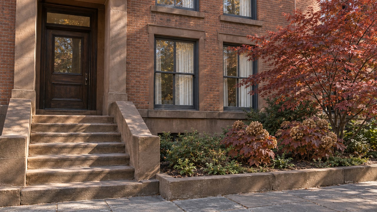 Morning light across a worn sandstone stoop, brick row-house windows, and a small autumn garden.