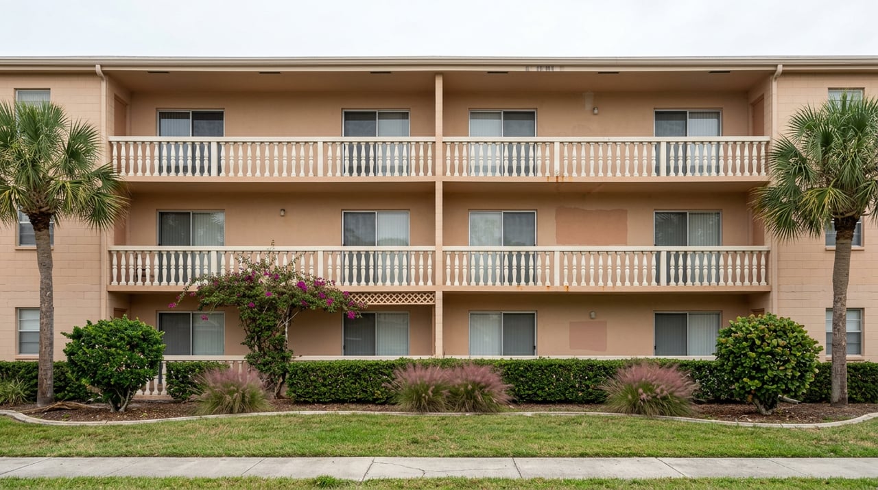 Three-story coral-beige apartment building with stacked concrete balconies, patchy stucco, and a clipped hedge.