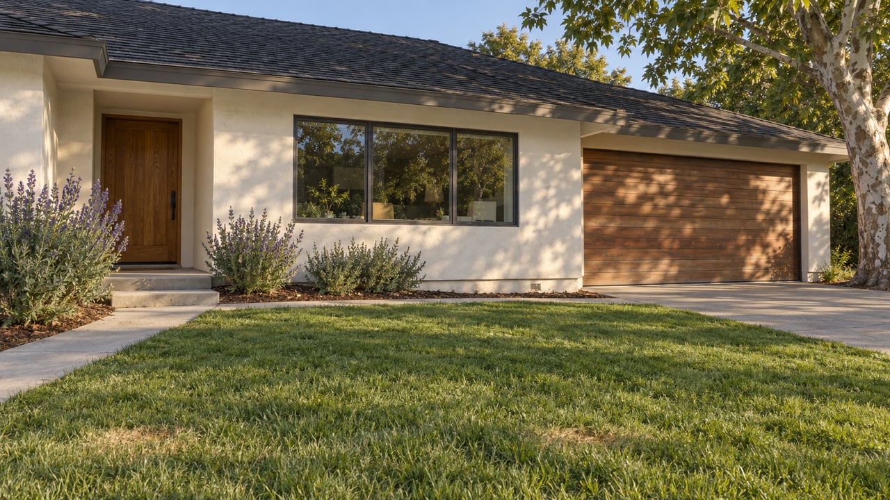 A low single-story stucco home with a cedar garage door, deep front lawn and mature mottled-trunk tree in warm afternoon light.