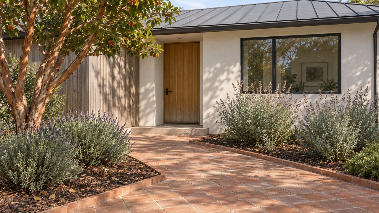 Modern home entrance with a wood door, terracotta walkway, and landscaped garden.