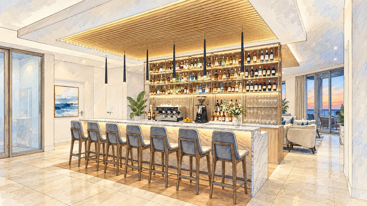 Rendered amenity lounge with a marble bar, stocked shelves, and water views at sunset.