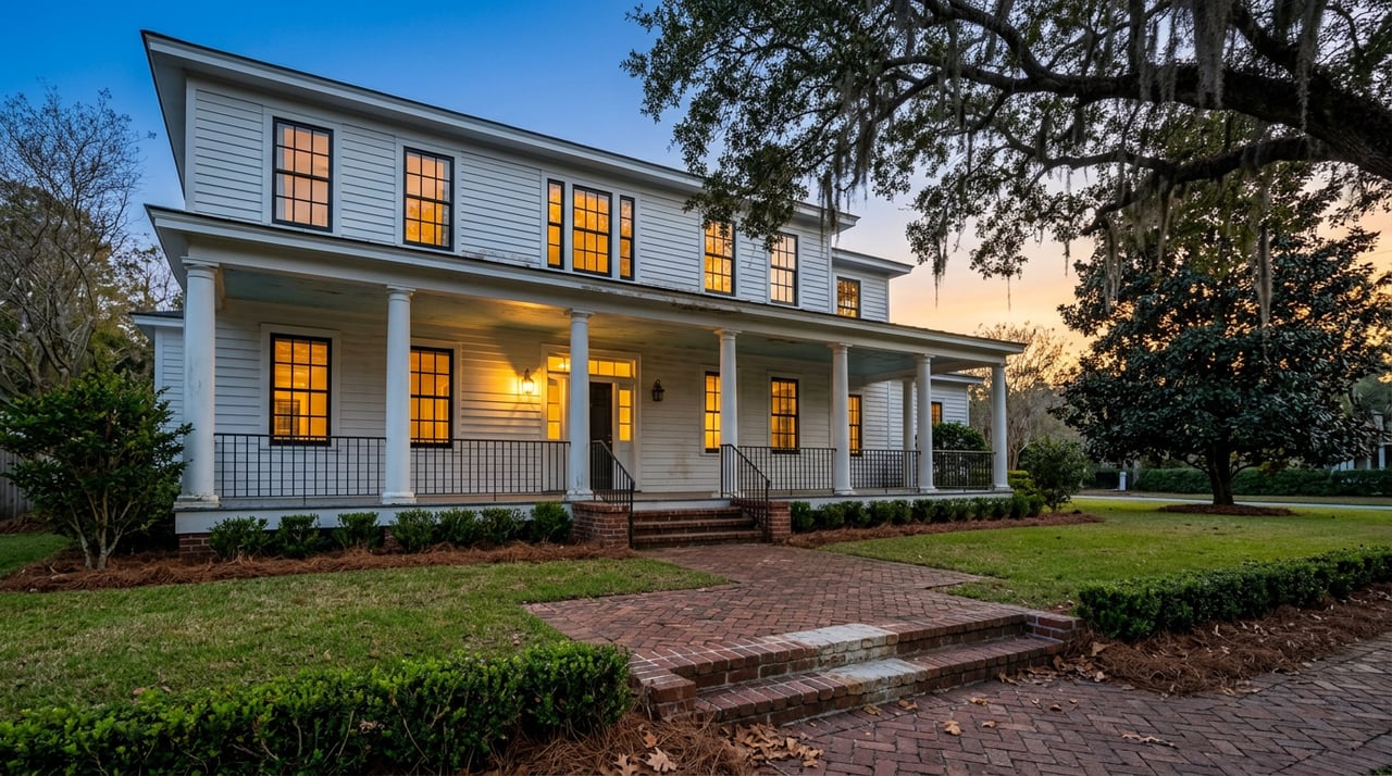 Two-story white Southern home with a columned porch glowing warmly at dusk beneath a live oak draped in Spanish moss.