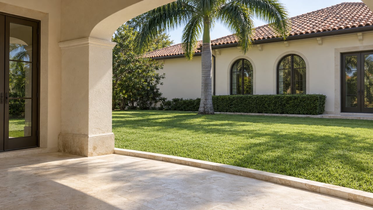 Ivory stucco terrace arch and pale limestone paving overlooking a broad lawn, a mature royal palm, and a terracotta-roofed estate wing.