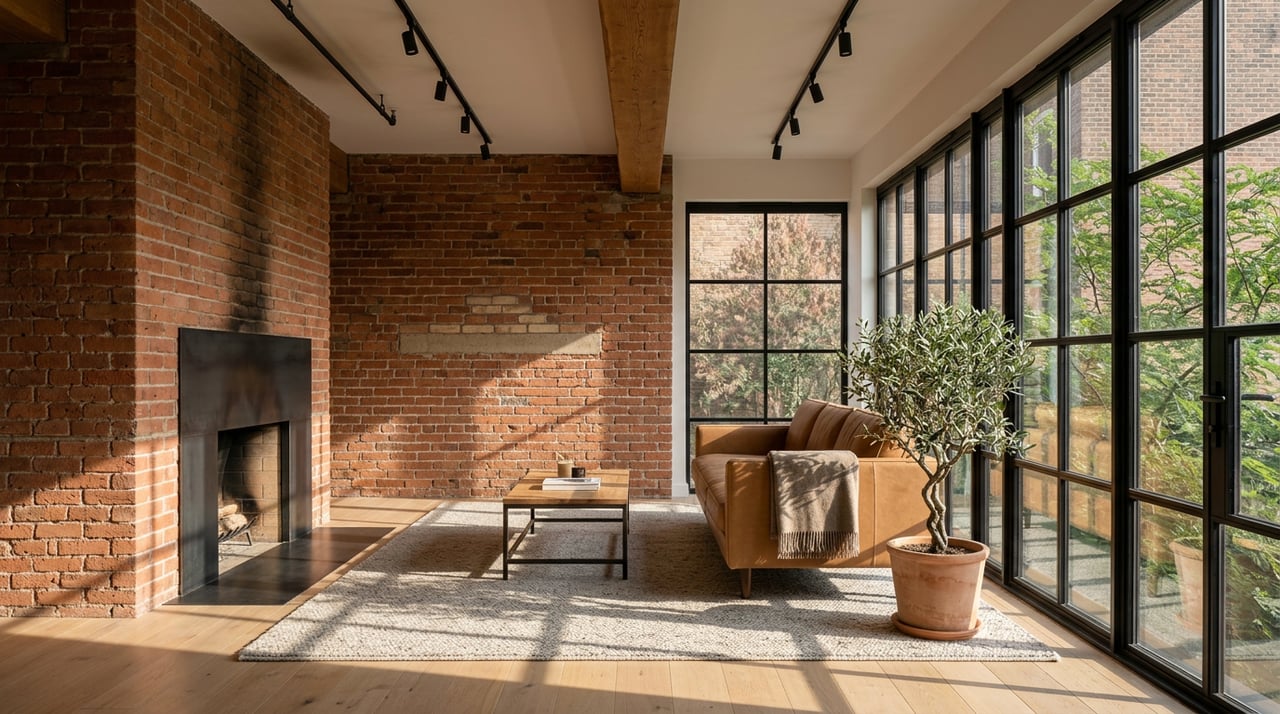 Loft living room with a brick fireplace, camel leather sofa, timber beam, and window shadows across a rug.
