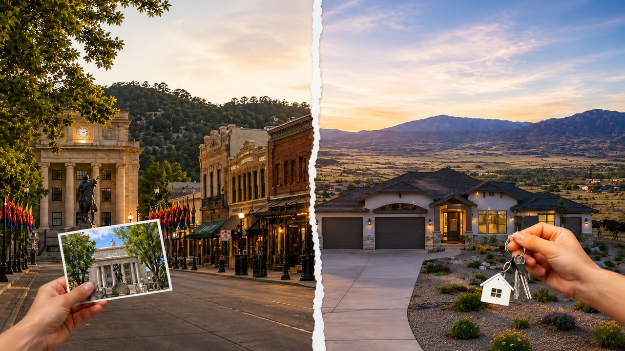 Split image comparing historic Prescott and modern Prescott Valley neighborhoods for homebuyers choosing where to live.